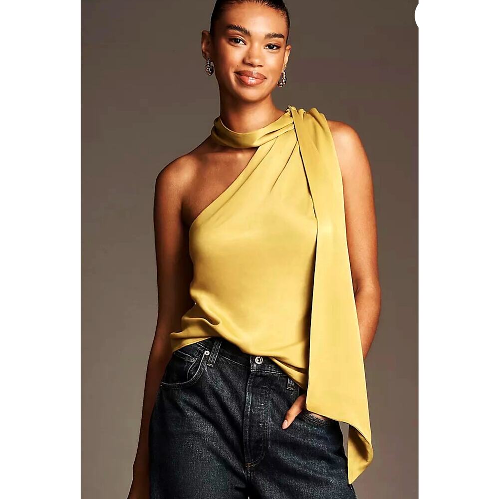 Anthropologie One Shoulder Scarf Neck Blouse XXS Chartreuse 100% Viscose NWT